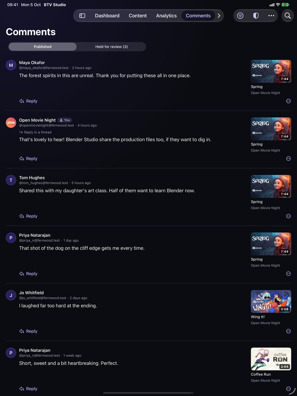 The Comments inbox on iPad, each comment beside the thumbnail of its video.