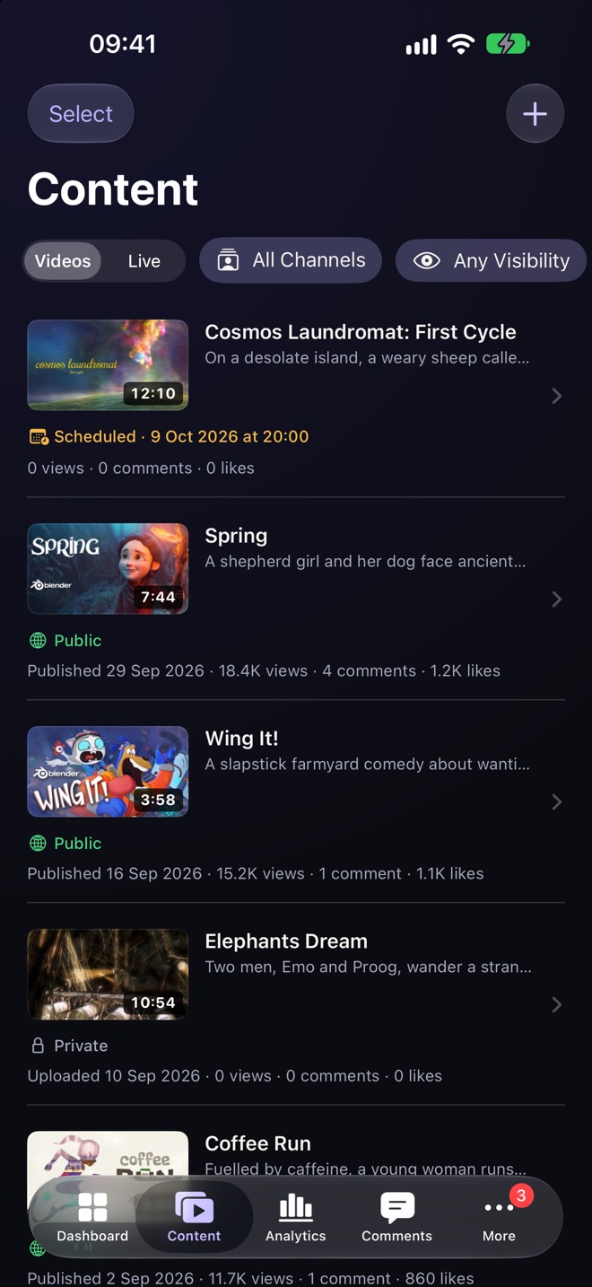 Content on iPhone: videos with their visibility, including one scheduled to go public on Friday and one kept private.