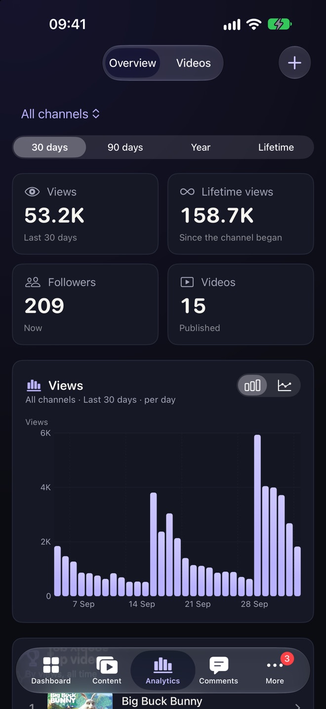 Channel analytics on iPhone, with views per day over the last 30 days.
