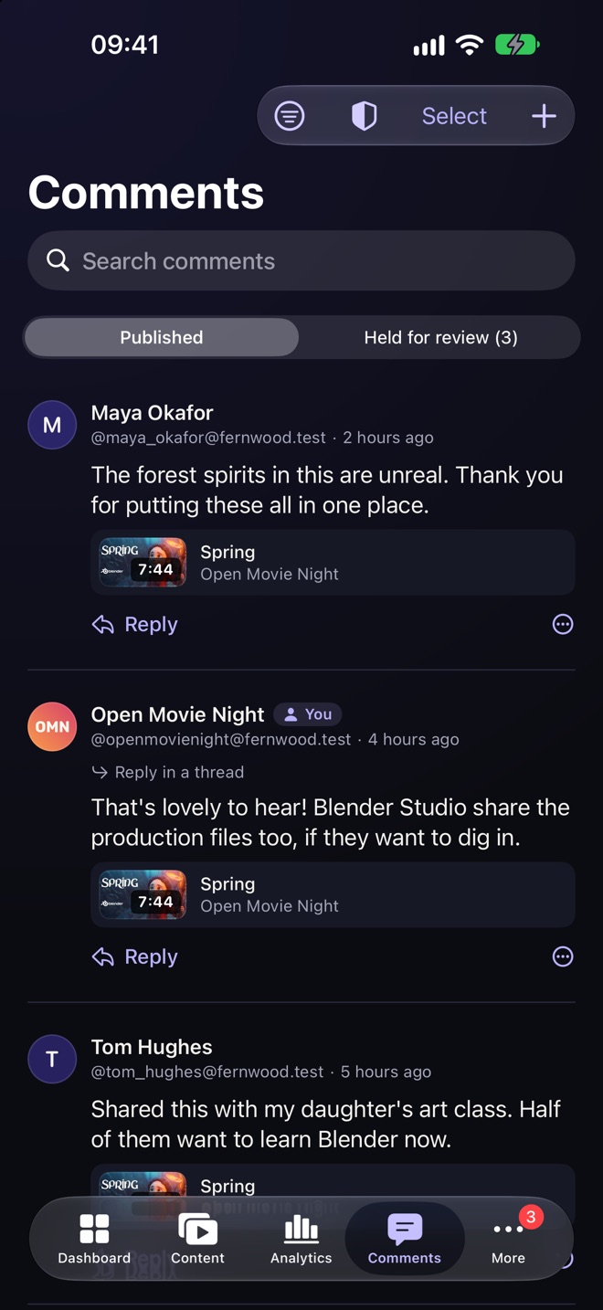 The Comments inbox: the newest comments on every video, each with the video it’s on and a Reply button, and a tab of three comments held for review.